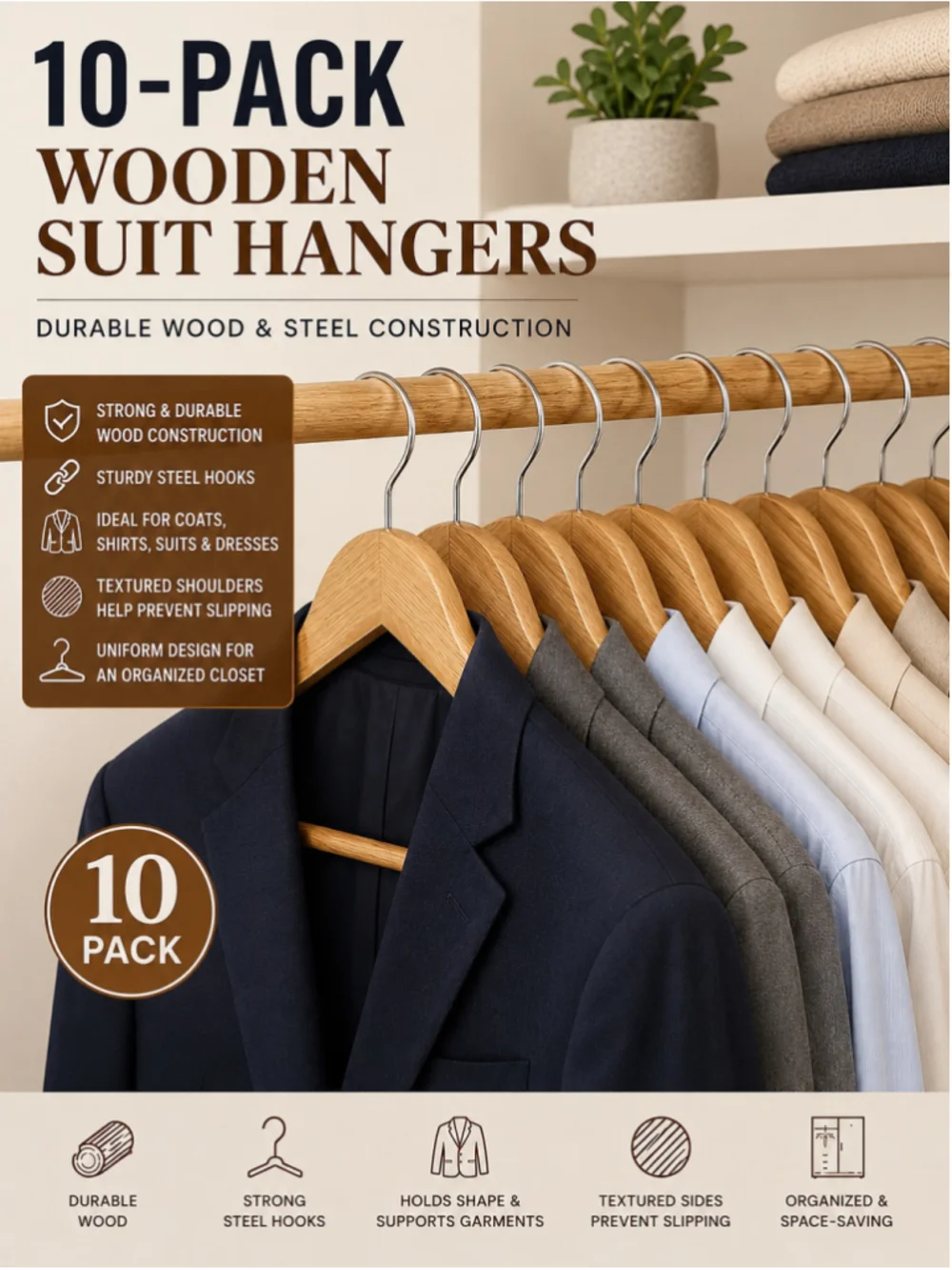 10-Pack Wooden Suit Hangers